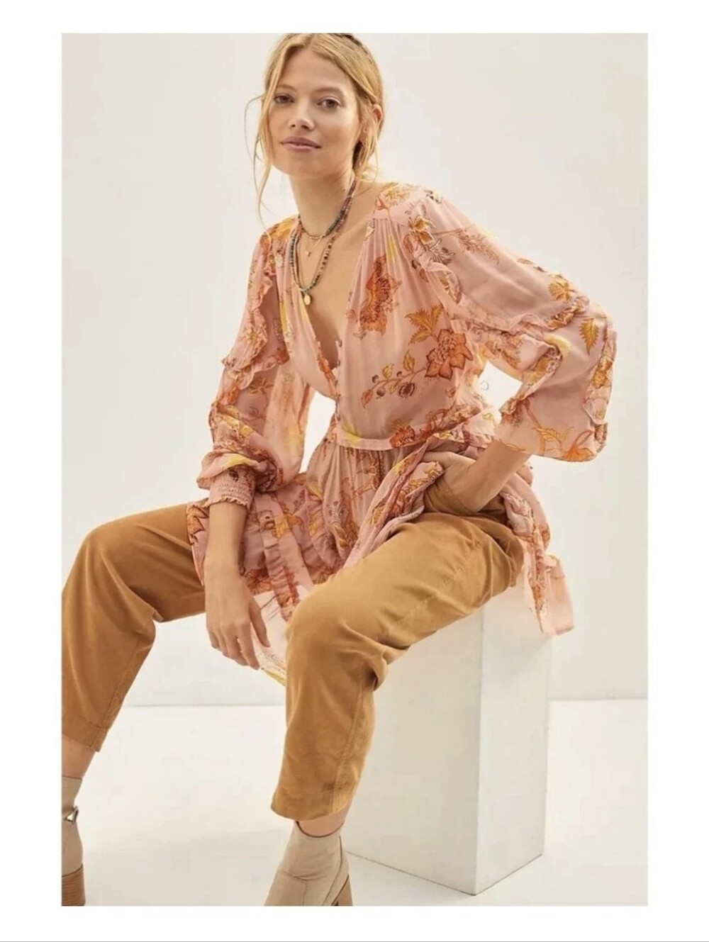 Anthro Pink Floral Sheer Blouse with Gold Accents
